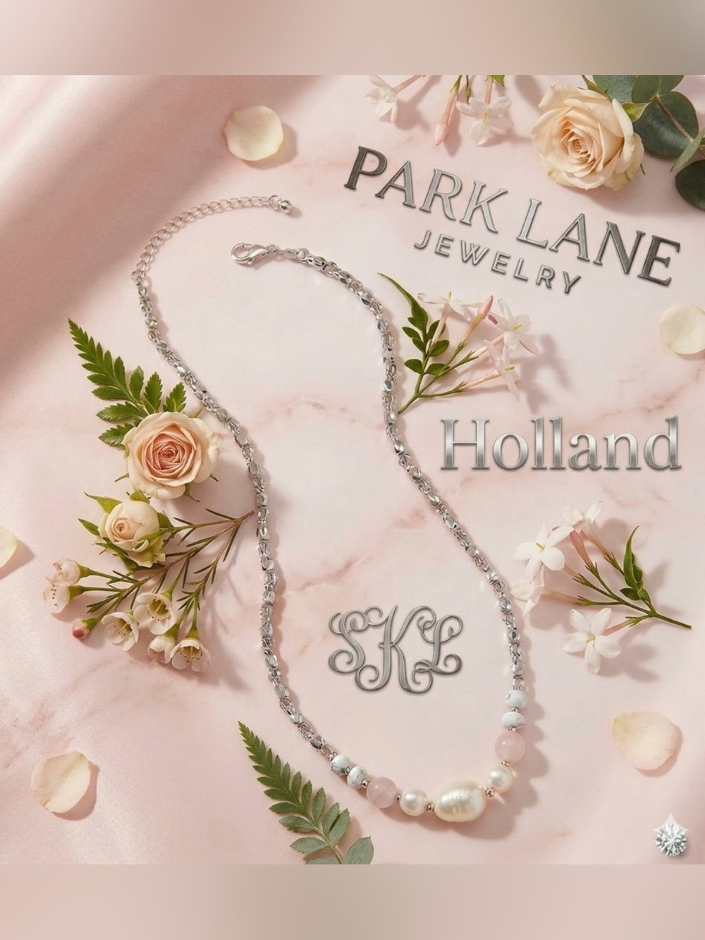 Park Lane Silver Necklace with Pink and White Beads
